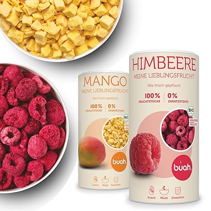 Buah Gourmet Gefriergetrocknete Himbeeren Mango Knuspriger Snack Bester Geschmack Fur Smoothie Und Musli Ohne Zusatze I 138 G Amazon De Lebensmittel Getranke