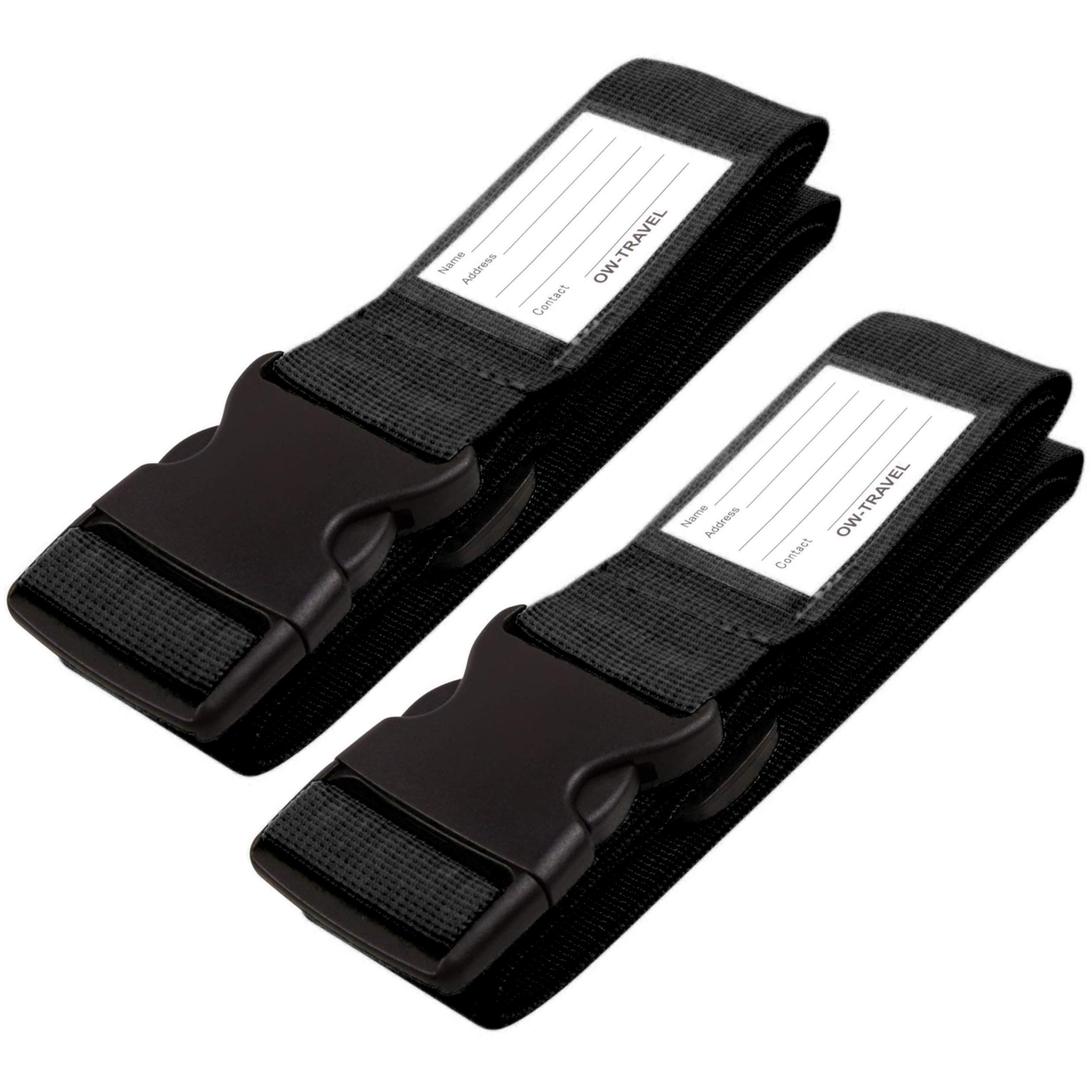 OW-Travel Personalised Luggage Straps for Suitcases (2 Pack Black) Easy to Spot Suitcase Straps with Address labels. Case Strap Suitcase Strap Luggage Belt for Bags Baggage with Name Card ID Slot