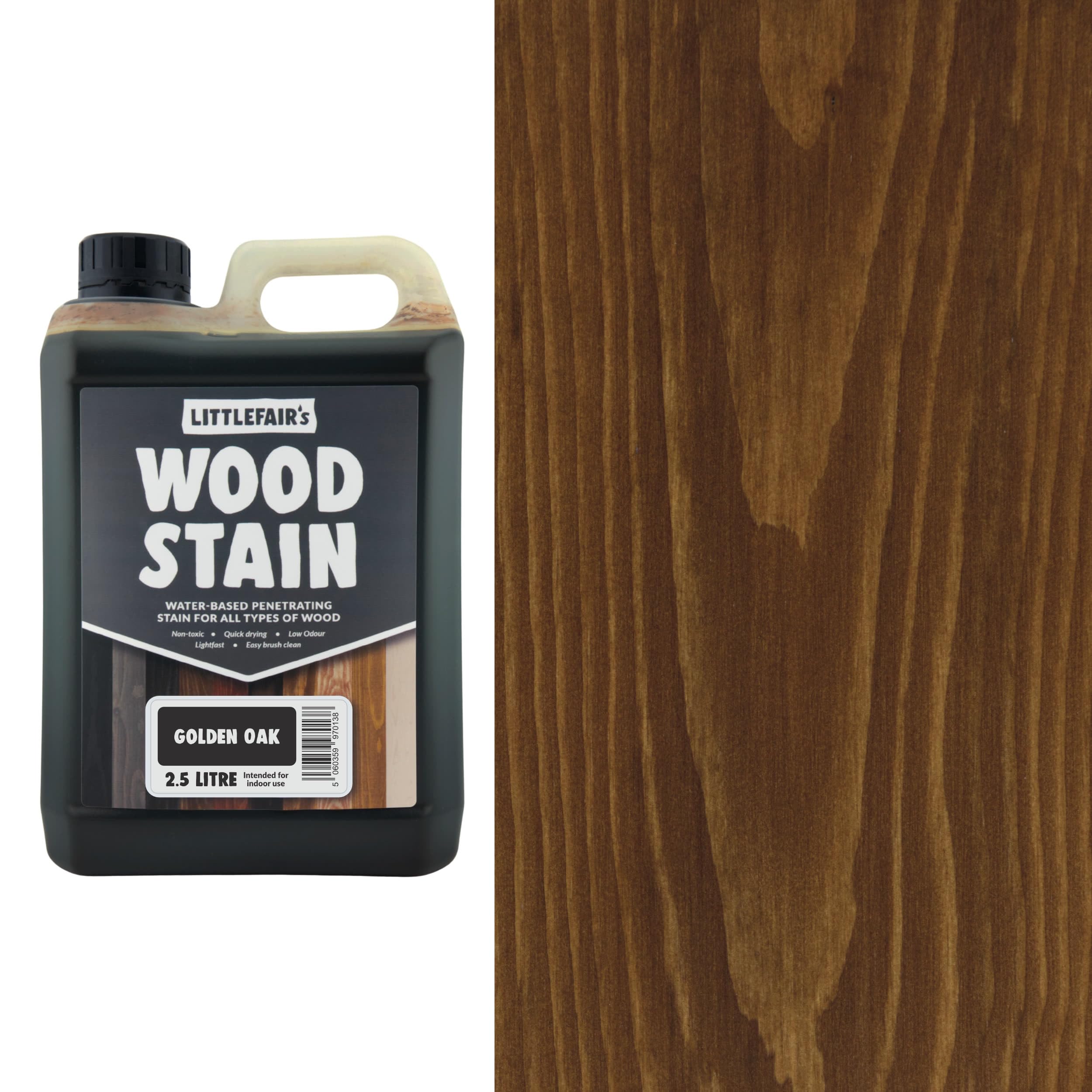 Littlefair's Wood Stain Water Based - 2.5 LTR - Indoor Furniture Stain Light & Dark Finishes - Special Non Toxic & Eco Friendly Formula - Wood Stain for Crafts - Colour: Golden Oak