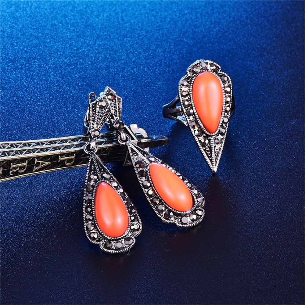 LUYUAN JEWELRY Women Girls Teardrop Triangle Jewelry Set Cute Resin Fashion Pendant Necklace Earring Ring Set - Orange+Ring#9