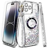 WDHD Designed for iPhone 15 Pro Max Magnetic Case Compatible with MagSafe, Tempered Glass Screen Protector/Camera Lens Protector/Wrist Strap Lanyard, Glitter Floating Liquid Cute Case (Diamond)