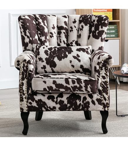 Wrangler Faux Leather Cow Print Accent Chair with Sturdy Wood Legs – U