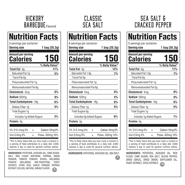 BOULDER CANYON AVOCADO OIL KETTLE STYLE POTATO CHIPS VARIETY PACK, 18 COUNT – GLUTEN-FREE, NON-GMO, HICKORY BARBECUE, CLASSIC SEA SALT, SEA SALT & CRACKED PEPPER (1 OZ BAGS)