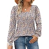 Rapbin Womens Floral Print Tops Square Neck Eyelet Puff Long Sleeve Shirts Dressy Casual Boho Spring Fashion Business Blouses Pink Floral XXL