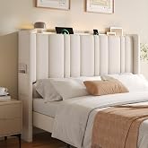 ONBRILL Queen Size Headboard with Storage, LED Light, Off White | Linen Vertical Wingback Headboard w/ Charging Station, Upholstered Head Board w/ High-Density Foam Padding, 2 Storage Pockets