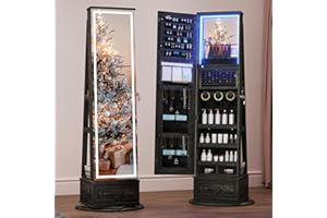 SKKTKT LED Full Length Mirror with Jewelry Storage, Lighted Mirror Jewelry Cabinet Standing, 360°Swivel Jewelry Armoire with Large Wooden Drawer for Christmas Gifts (Rustic Grey)