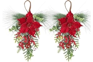 SHACOS 2Pcs Christmas Teardrop Swags with Red Poinsettia Berries, 20inch Artificial Norfolk Greenery Cedar Pine Needle Eucalyptus Xmas Balls Pine Cones Xmas Door Swag Wreath for Front Door Fireplace