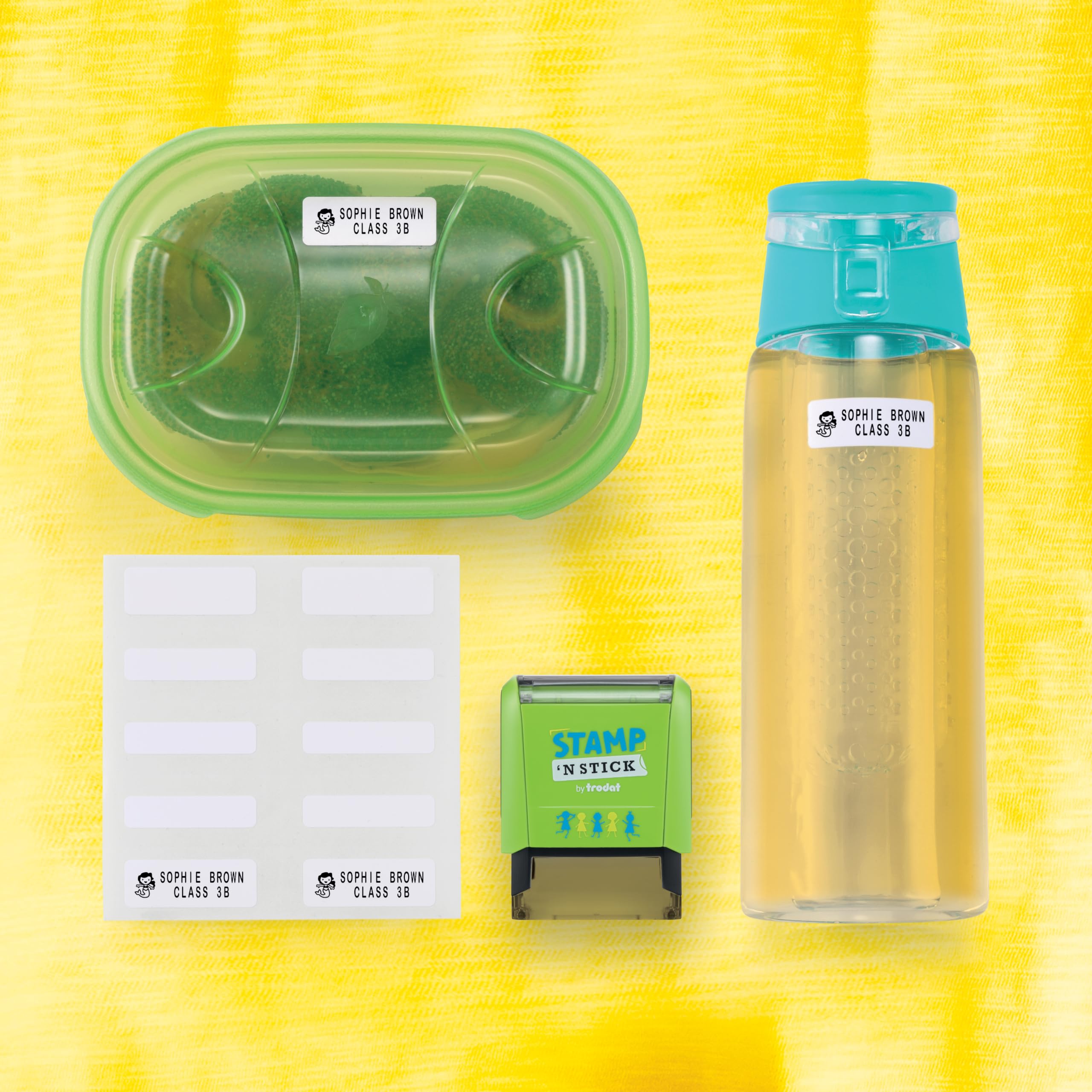 Trodat Stamp 'N Stick Clothes and Personal Belongings DIY Stamper, English Text with Special Characters – 3 Lines – Dermatologically Tested Ink, Dishwasher and Washing Machine Safe Ink