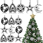 Jenaai 25 Pcs Wooden Gothic Christmas Ornament Set, 3.54 Inch Witch Ornament, Gothic Christmas Decor, Spooky Pentagram Goth Hanging, Xmas Party Gift Skull Sun Moon Decor for Wreath Xmas Tree