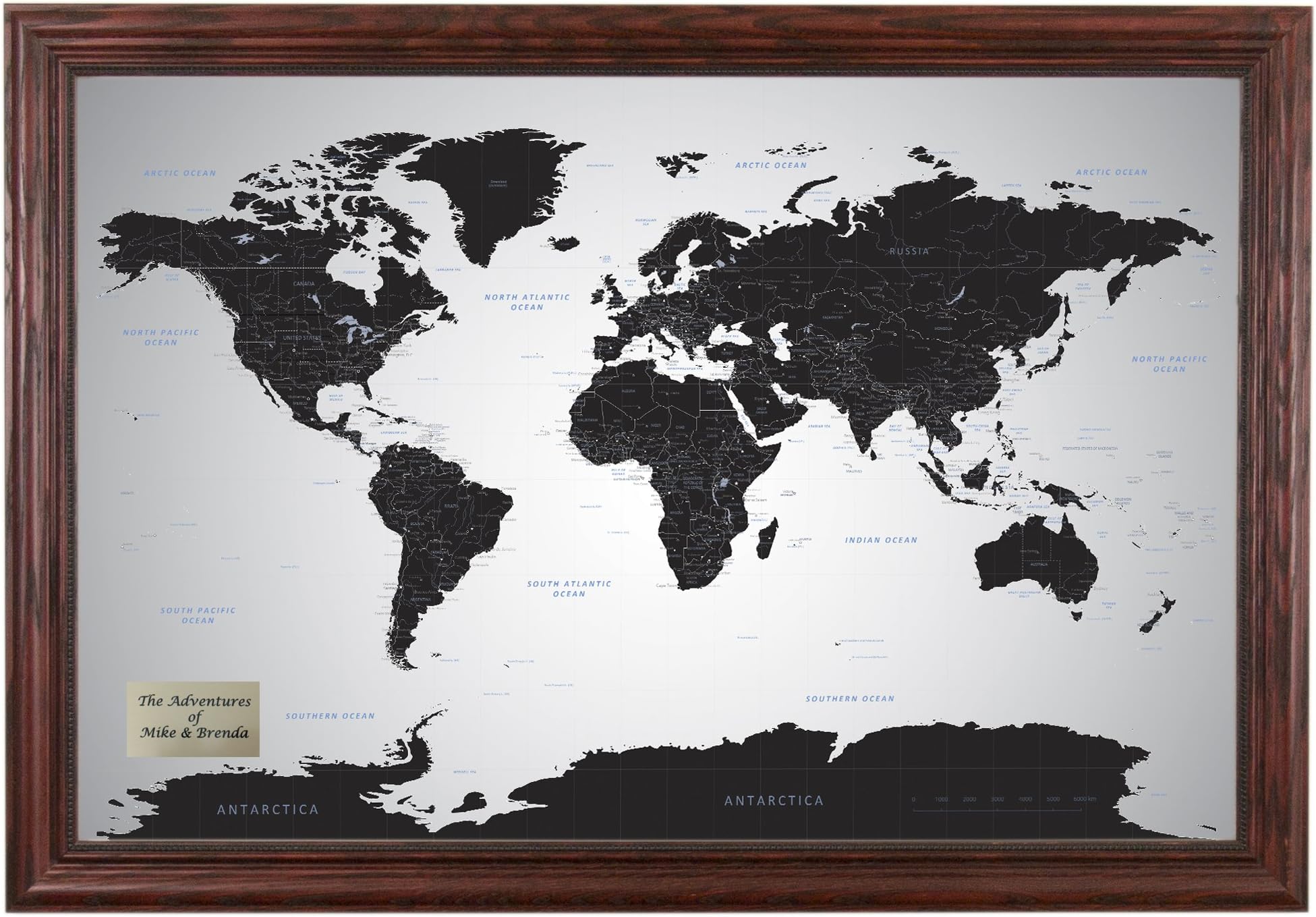 Push Pin Travel Maps Personalized Black Ice World with pins - 27.5 inches x 39.5 inches - Solid Wood Cherry Frame