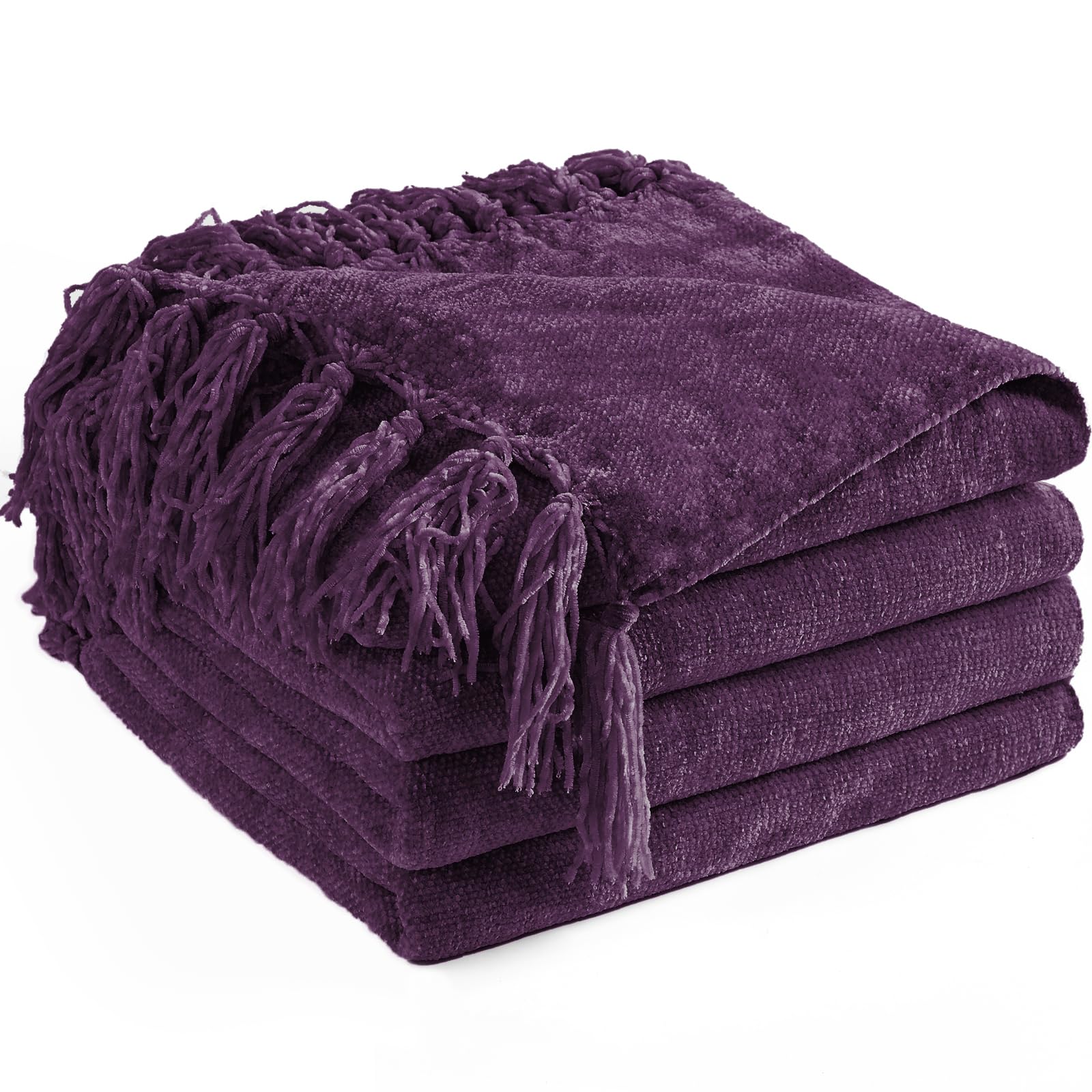 Photo 1 of LONG CREATE Chenille Throw Blanket for Couch 60"X 80" Twin, Soft Cozy Throws with Fringe Tassel for Bed Sofa Chair Cover, Lightweight Knitted Decorative Boho Blankets for Living Room, Dark Purple