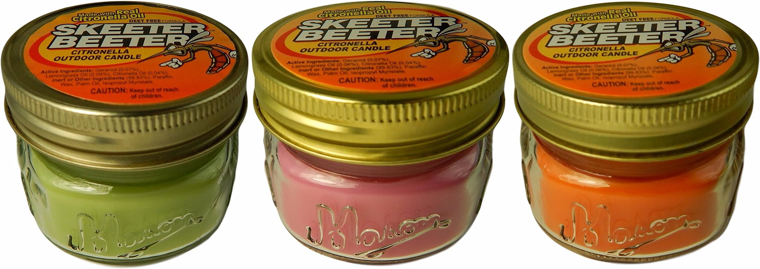 Citronella Candles,3 Pack, Skeeter Beeter, Deet-Free, Insect Bug Mosquito Beater Repellent, Mason Jars (Pink Orange Green)