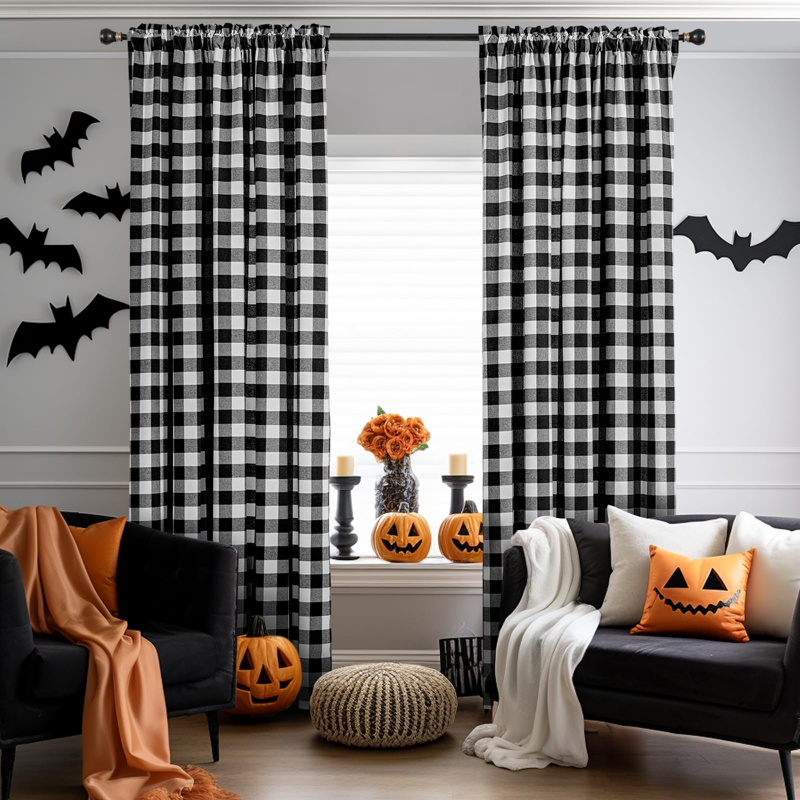 Melodieux Buffalo Check Plaid Curtains for Living Room, Bedroom Farmhouse Gingham Style Cotton Texture Rod Pocket Semi Curtain Drapes, Black, 52 x 63 Inch(2 Panels)