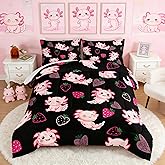 UEVBF Cute Axolotl Bedding Set Twin Size,Pink Axolotl Strawberry Printed Comforter Sets Aesthetic Bedding for Kids Girls,Beach Coastal Animal Themed Comforter Sets with 2 Pillowcases.
