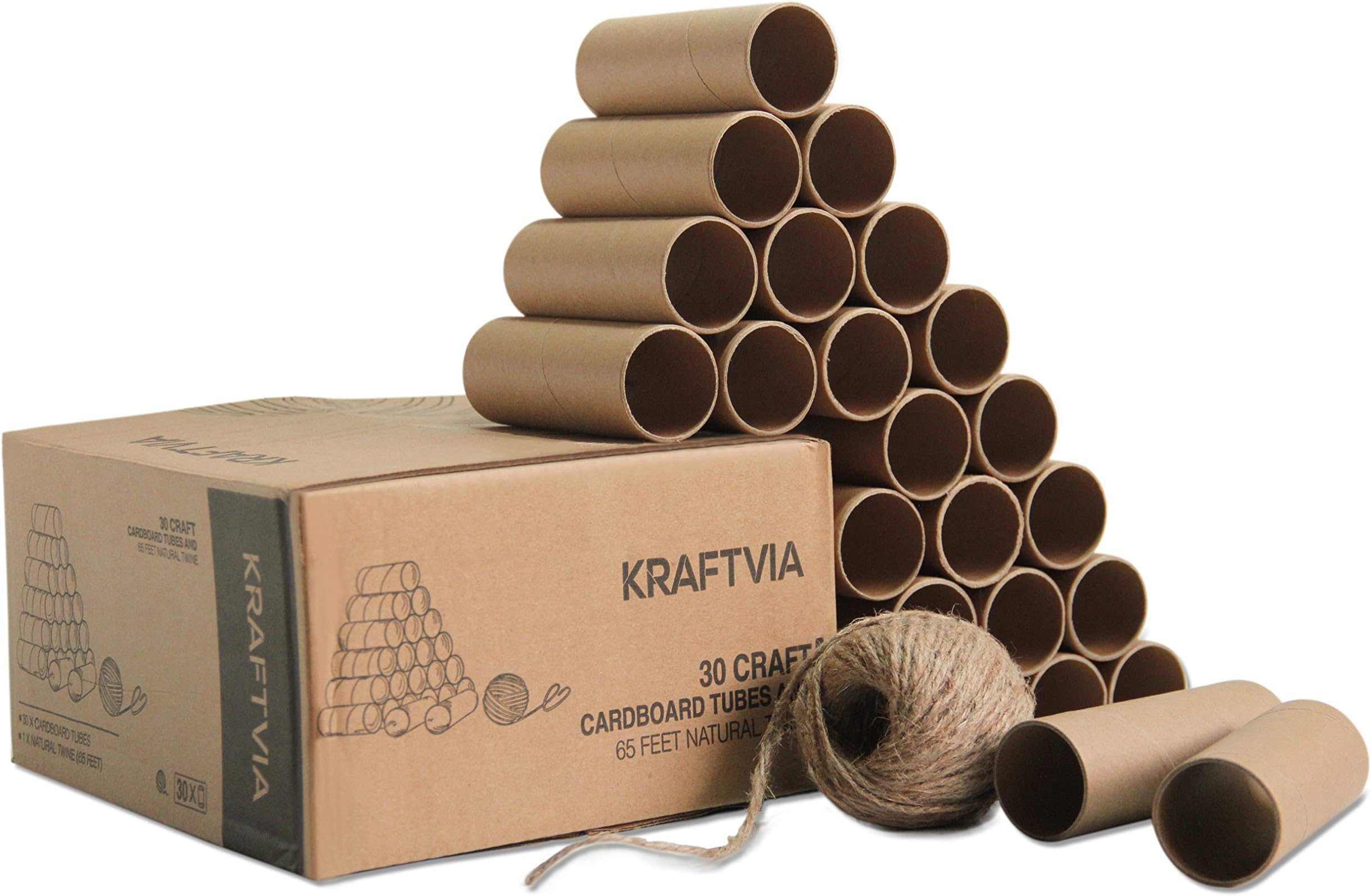30 Pack Kraftvia Craft Tubes with 65 Feet Natural Jute Twine - Brown Cardboard Tubes for DIY Crafts - 4.5 x 1.6 Inches - Made of Sturdy, Premium Cardboard - Ideal Supplies for Art and Science Projects