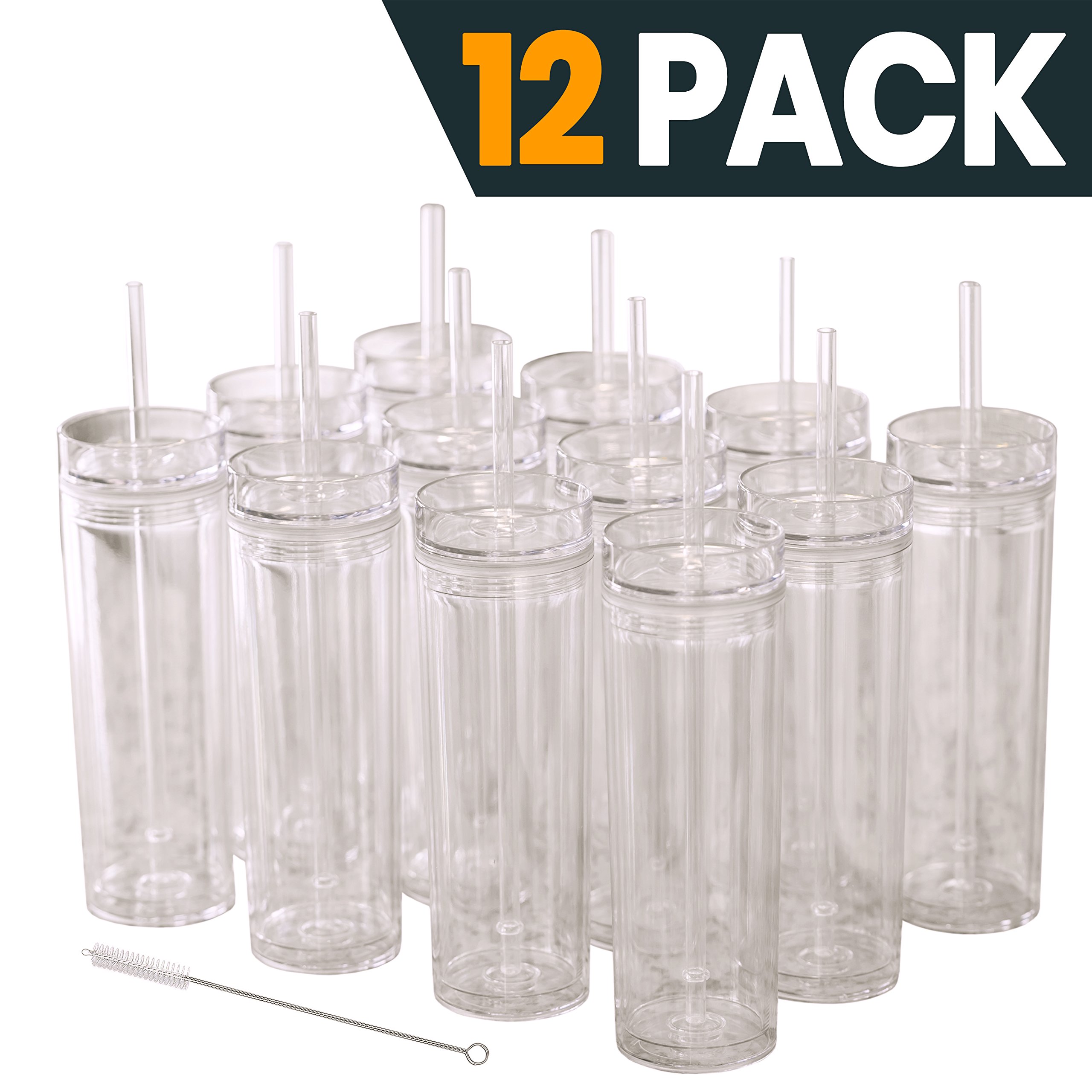 12 Clear Acrylic Tumblers with Lids and Straws Skinny, 16oz Double