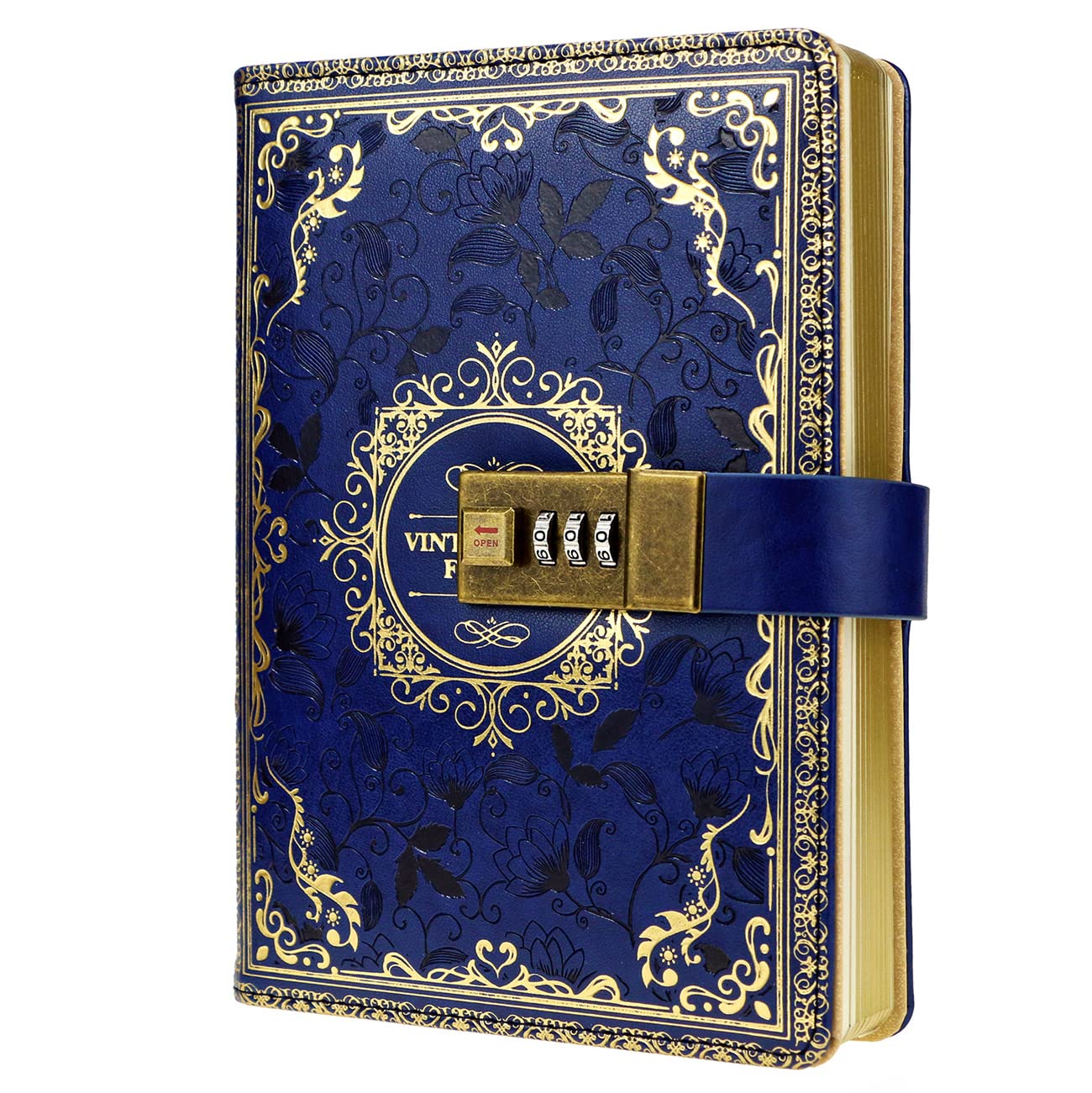 Mazeran Combination Lock Journal, Vintage Elegant Leather Hard Cover Floral Embossed Notebook Diary, 256 Pages Lined Golden Gilded Password Locking Personal Planner, Gift for Women Girls