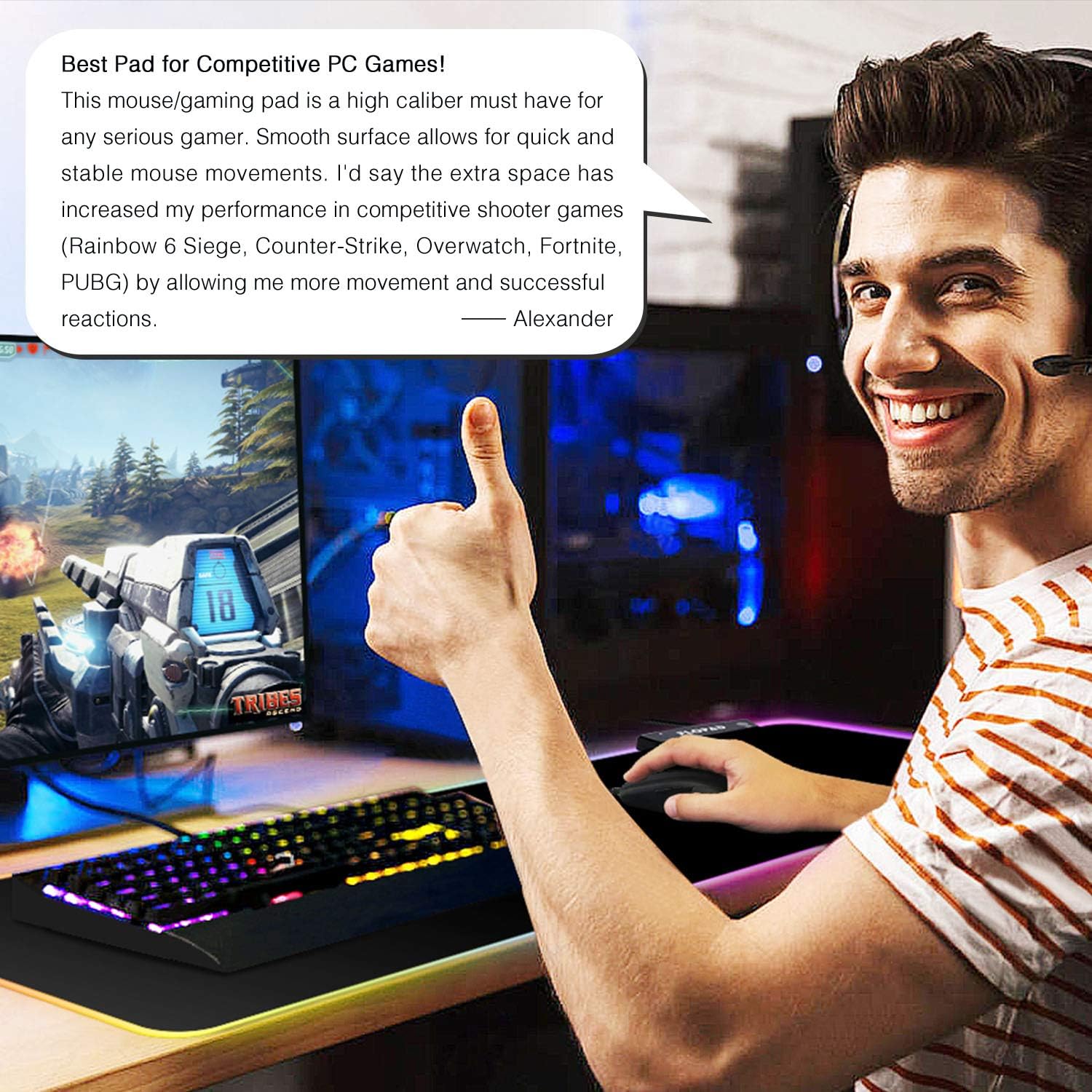 Large RGB Gaming Mouse Pad - 14 Light Modes Extended Computer Keyboard Mat with Durable Stitched Edges and Non-Slip Rubber Base, High-Performance Mouse Pad Optimized for Gamer 31.5X 11.8in : Office Products