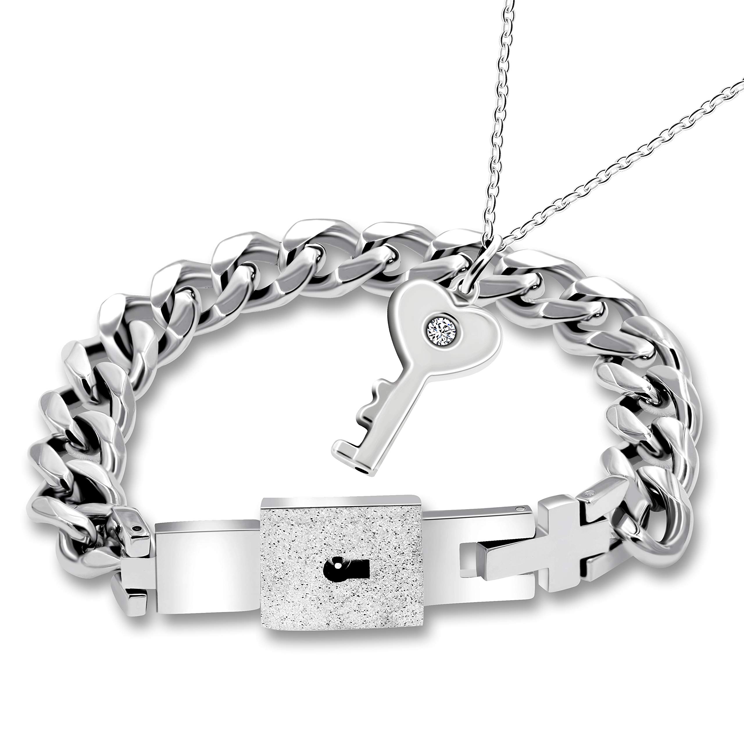 Titanium Steel Matching Puzzle Couples Lock Bracelet and Key Pendant Necklace Jewelry Set for Girlfriend Boyfriend Y808 (steel)