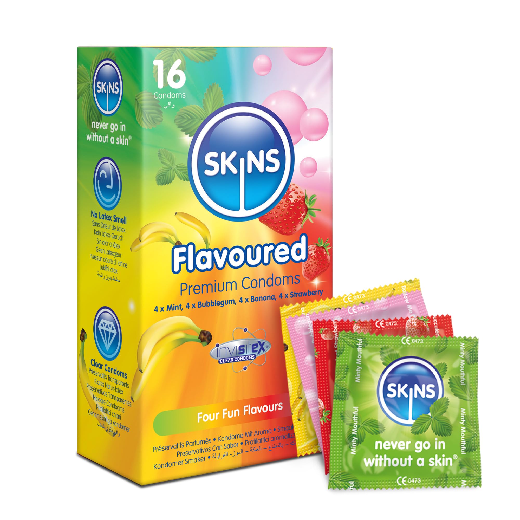 Skins Mixed Flavoured Condoms Thin Extra Feel, 16 Pack of Premium Skins Flavoured Condoms Extra Safe Pleasure Condom for Adults, Ultra Thin for Oral Extra Pleasure