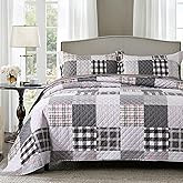 Travan Quilt Set 3-Piece Oversized Quilted Bedspread Coverlet Set Grey European British Grid Patchwork Bedding Set, Queen Size