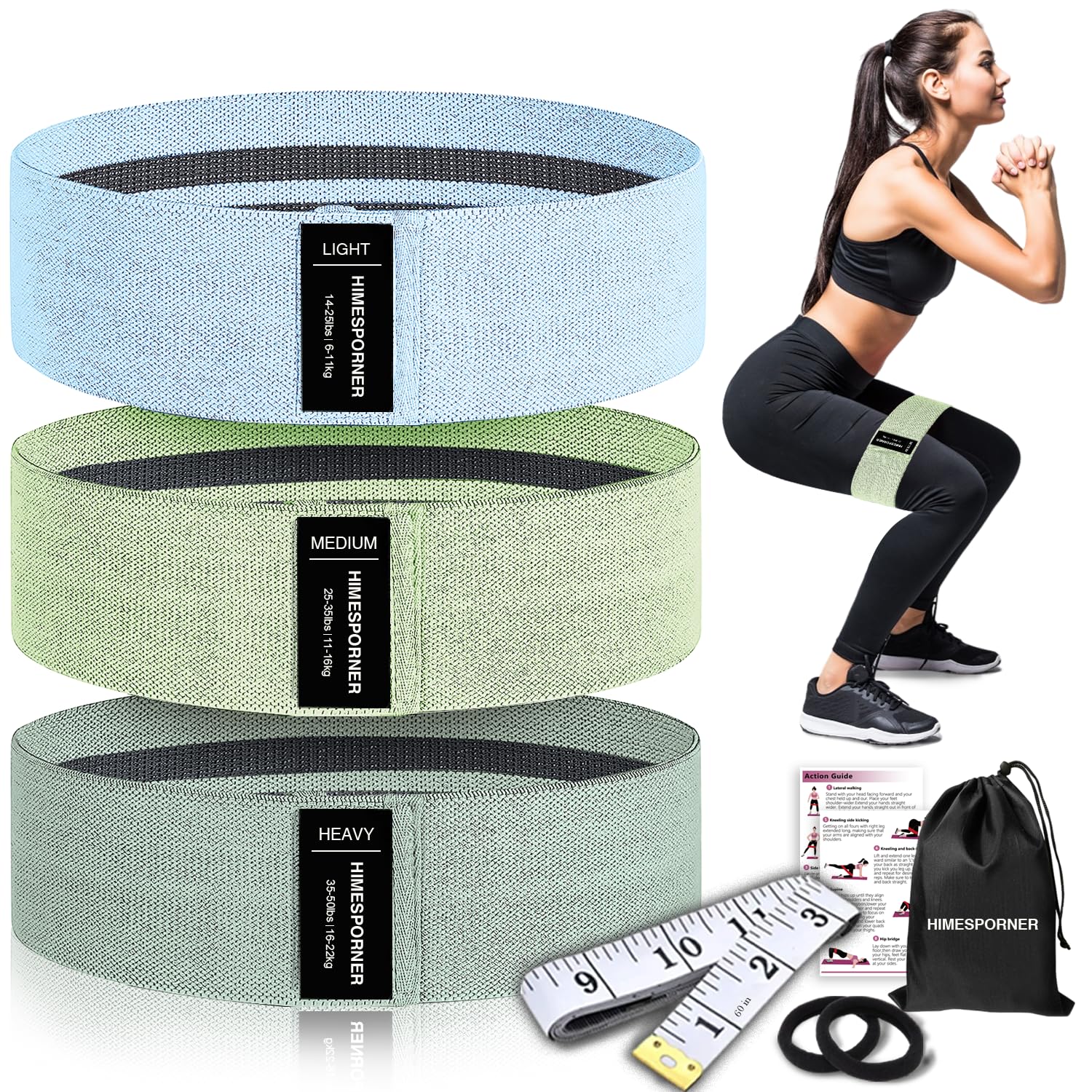 Photo 1 of HIMESPORNER Wide Fabric Resistance Bands for Working Out, 3 Level Non-Slip Exercise Booty Bands for Women & Men Leg and Glutes with Hair Ties and Tape Measure - for Home Gym Workout, Yoga, Pilates