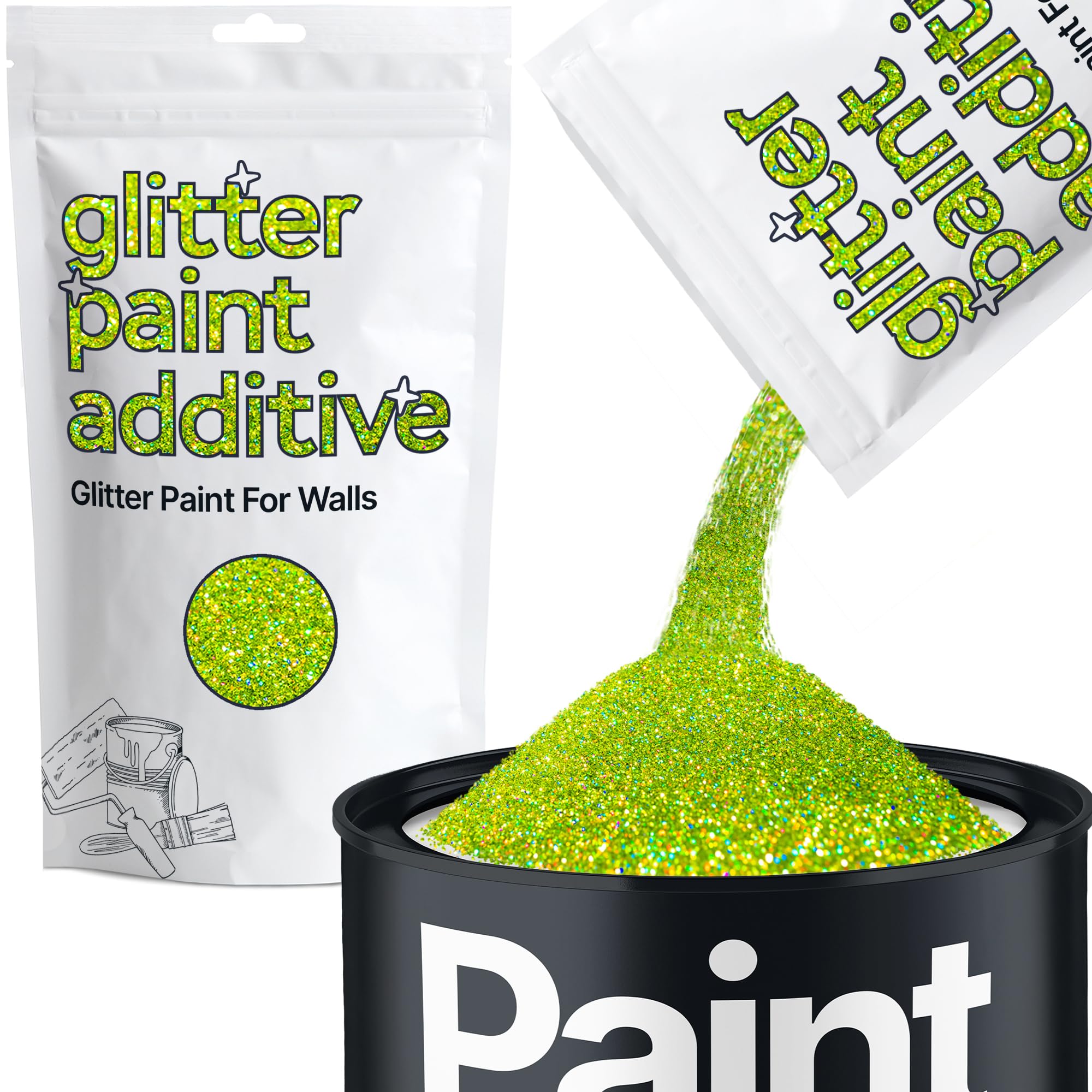 Lime Green Holographic Glitter Paint Additive 100g for Adding Sparkle to Paints & Varnish | Paint Walls Sparkly Add to Emulsion, Acrylic or Lacquer Indoor | Hemway