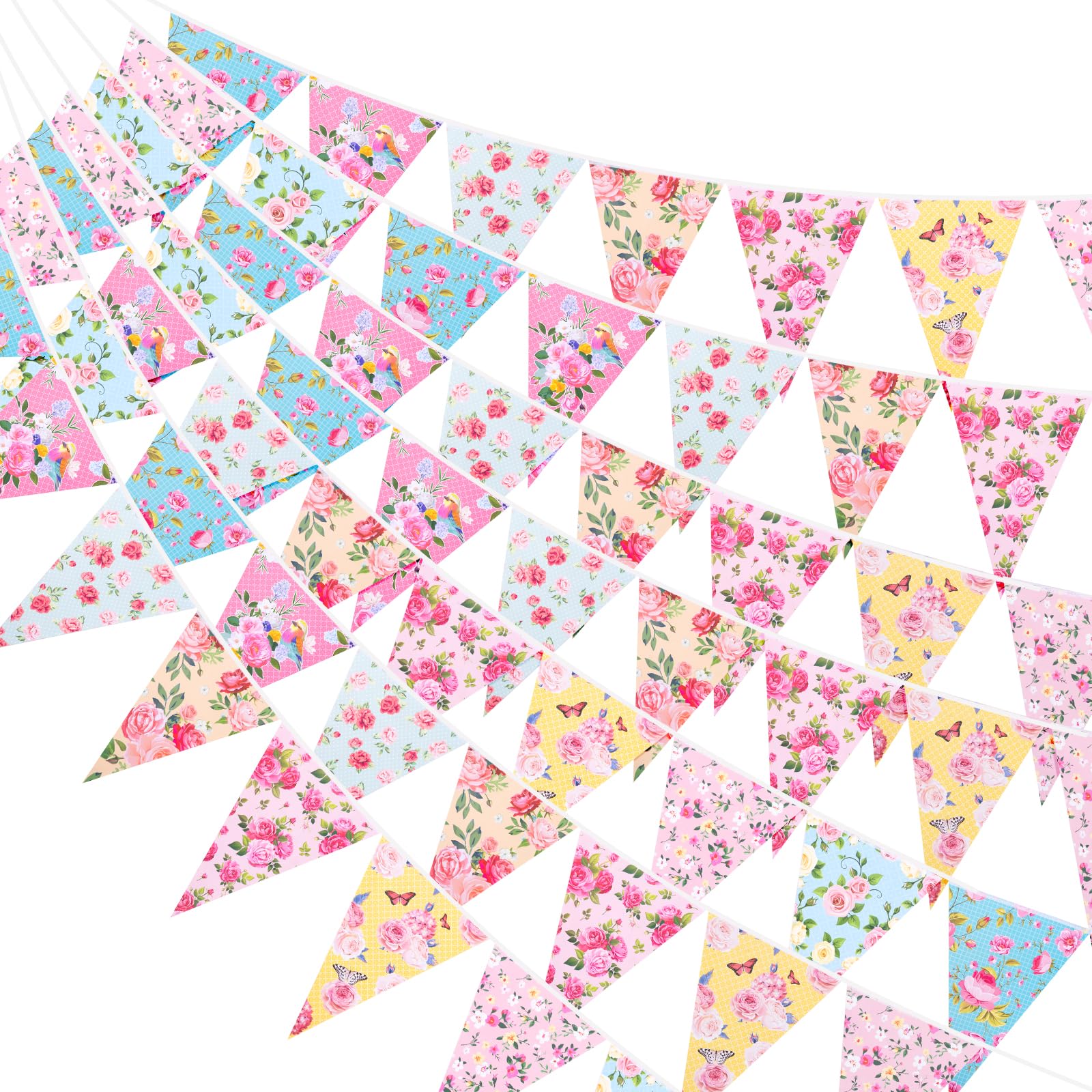 G2PLUS Double-sided Floral Paper Bunting: 48PCS Garland Banner with Vintage Floral Printed, 12m for Anniversary, Birthday Party, Bridal Shower, Baby Shower, Tea-party Decoration