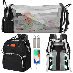 Diaper Bag Backpack with Changing Station Bassinet Foldable Baby Bed Multifunction Travel Mummy Bag Large Capacity Waterproof USB Charging Port Baby Bags Portable Crib (Black)
