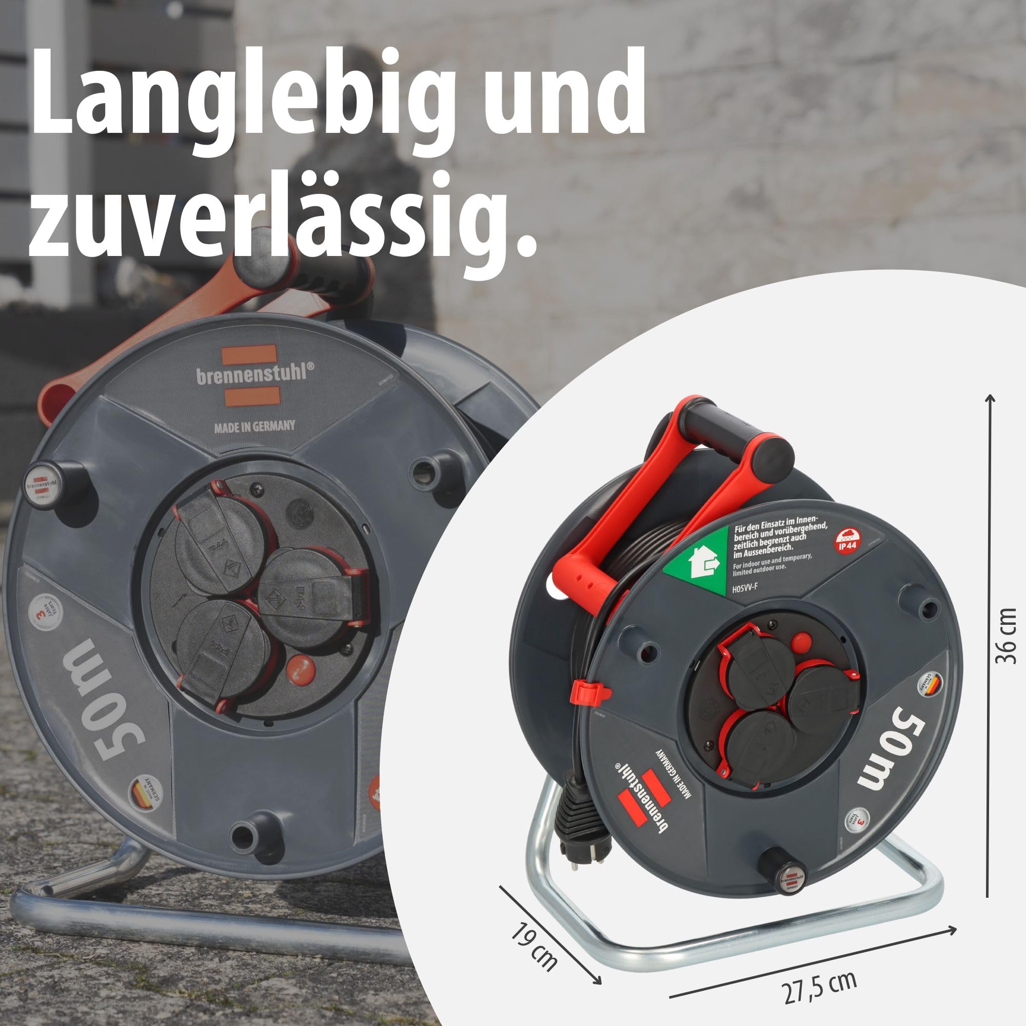 Brennenstuhl Garant V2 IP44 Kabeltrommel 50m Outdoor (Made in Germany, 3 Schutzkontakt-Steckdosen, Überhitzungsschutz, Spezialkunststoff) 7
