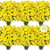 Besteek 16 Bundles Artificial Flowers for Outdoors Decoration Fake Silk Flowers UV Resistant Faux Plastic Plants for Spring Summer Garden Yard Porch Window Box Home Indoor Outdoor Decor, Yellow