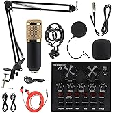 MorTime Condenser Microphone Bundle, Live Sound Card, Adjustable Boom Arm, Shock Mount, Metal Mic Pop Filter, Sponge Pop Filter Cover, Earphone, Audio Cables and Power Cable, Set of 11 Mic Kit