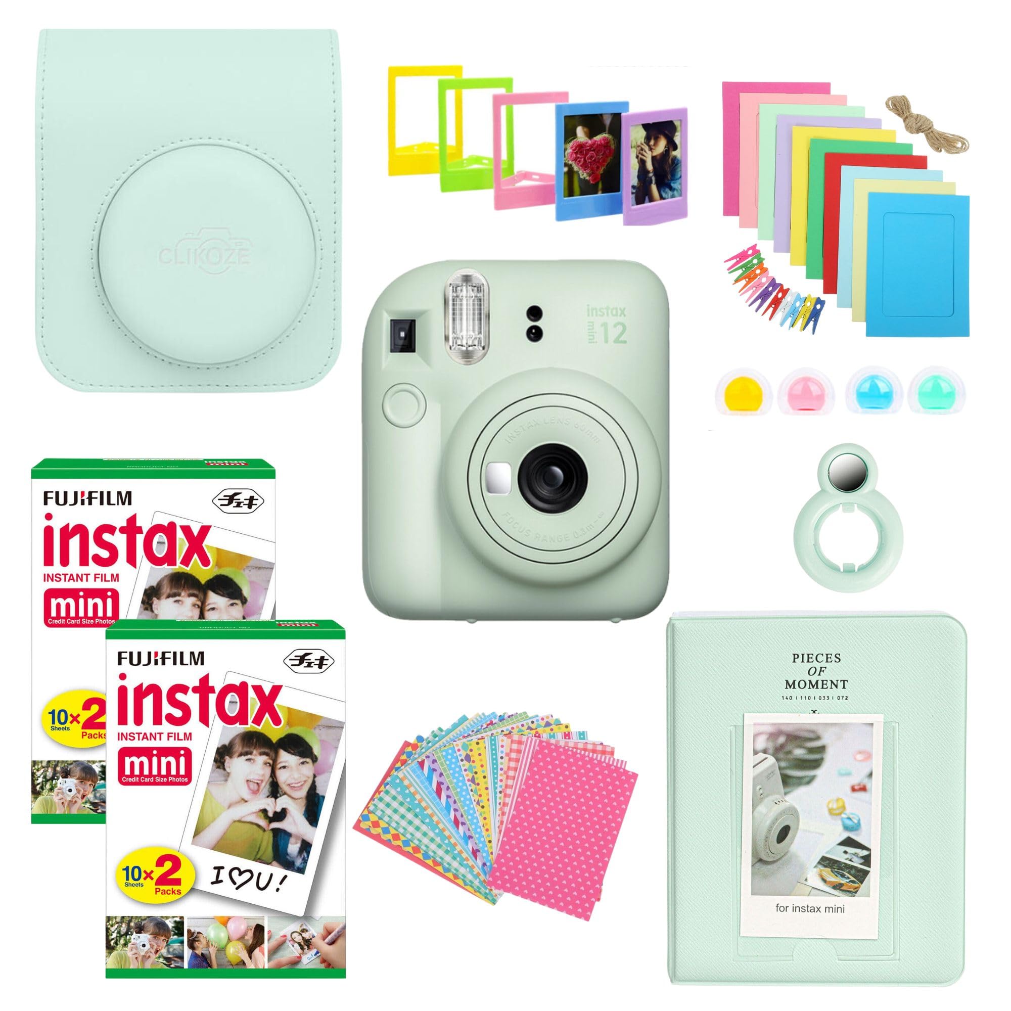 Fujifilm Instant Camera Bundle with Mini 12 Mint Green Camera, 40 Shot Film, Case, Album, Stickers, Filters and Accessories