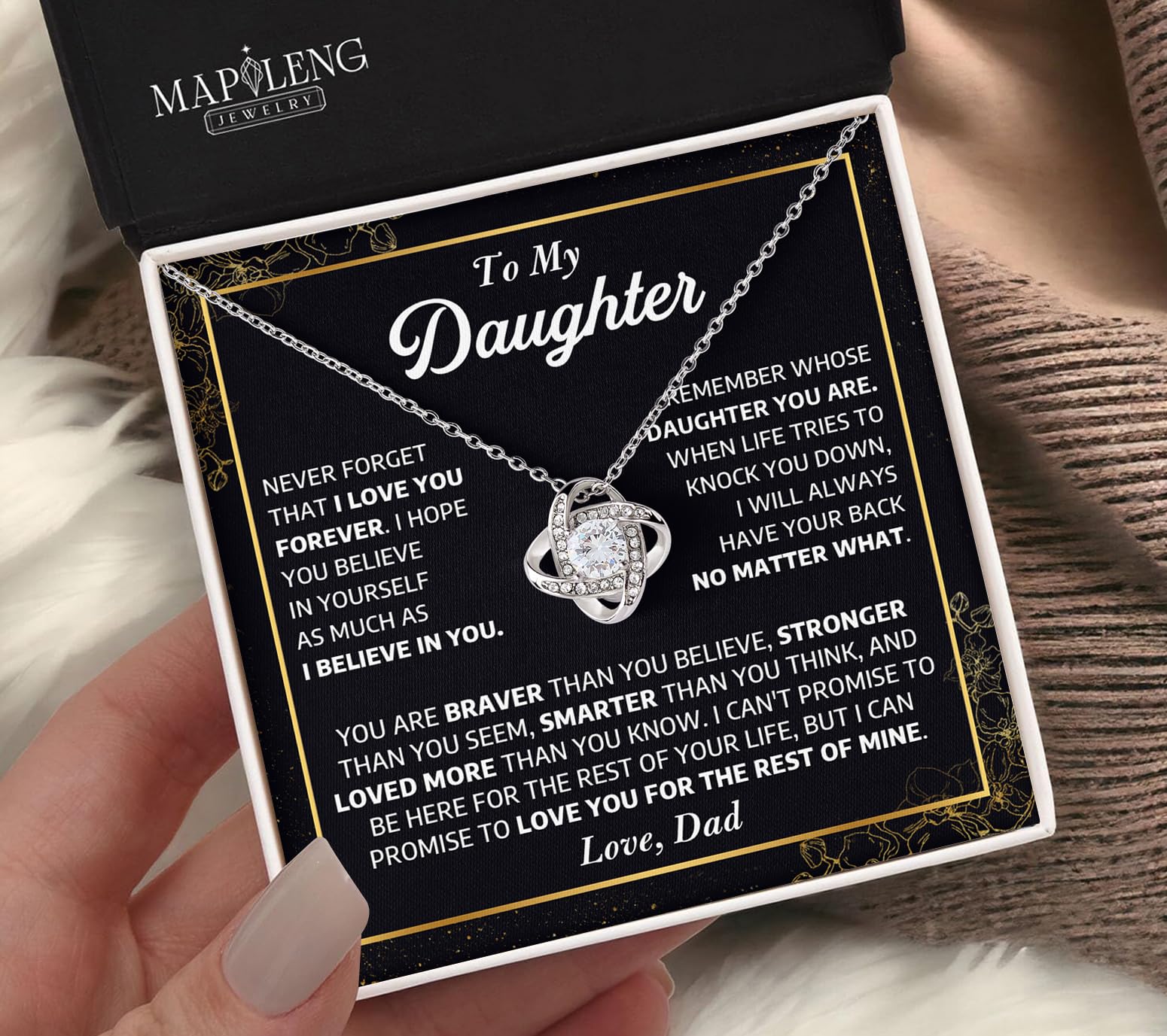 To My Daughter Love Knot Necklace From Dad With Heartfelt Message, Jewelry Gifts For Daughter From Dad, Valentines Day, Graduation, Birthday, Christmas Gift From Daddy