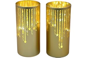 CozierGlow Set of 2 Illuminated Hurricanes - Christmas Votive Candle Holders, Candle Holders for Christmas Table Decorations, Christmas Table centerpieces for Dining Room (Gold)