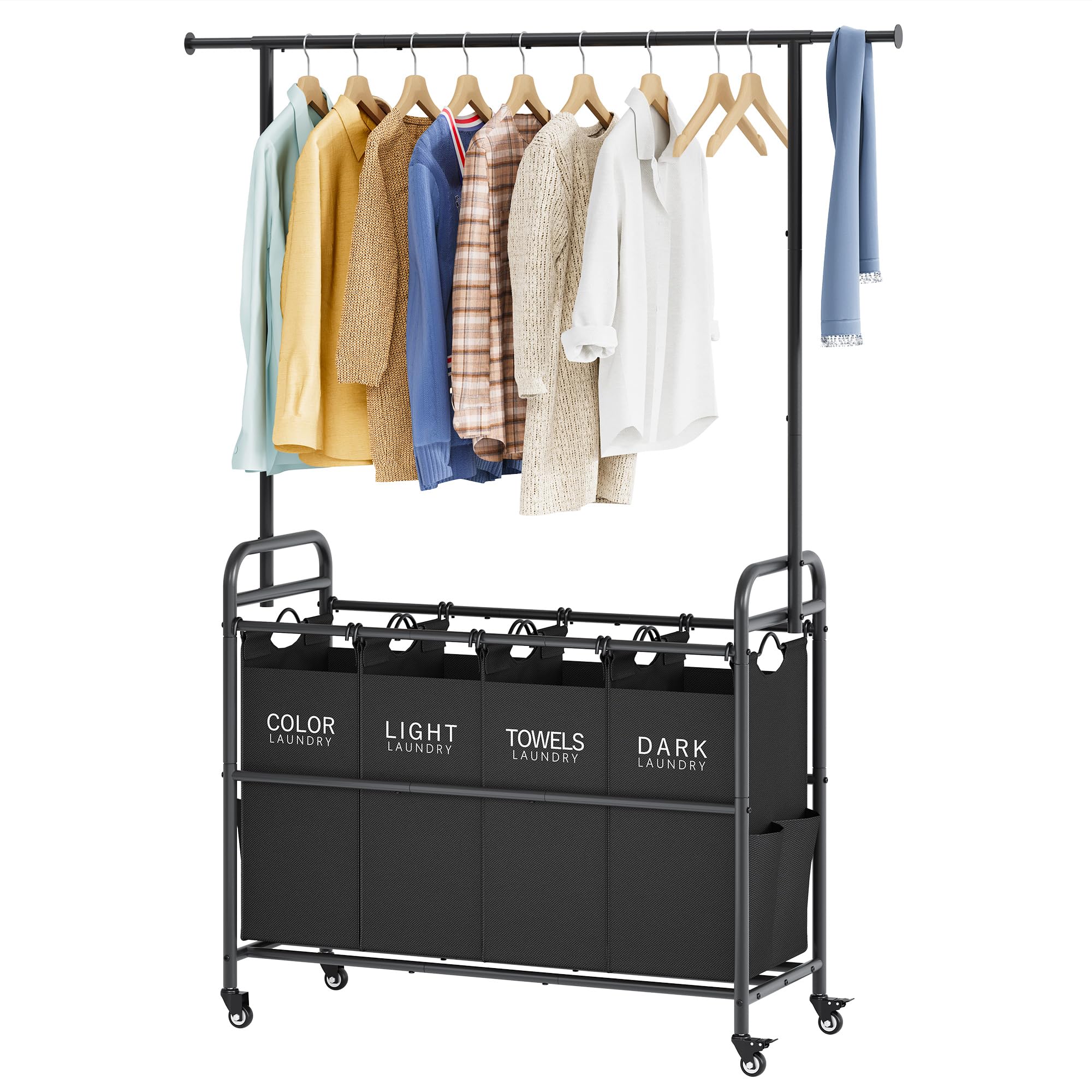 Photo 1 of Tajsoon Laundry Sorter Cart with Hanging Clothes Rack, 4 Butler Sorter Basket Organizer, Laundry Hamper Cart with Heavy Duty Rolling Lockable Wheels, Black