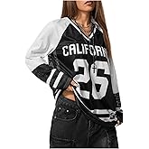 SOLY HUX Women's Y2k Blokette Jersey Shirts Oversized Mesh Number Graphic Tees V Neck Long Sleeve T Shirt Tops
