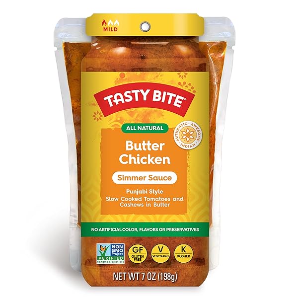 TASTY BITE PUNJABI STYLE BUTTER CHICKEN SIMMER SAUCE, 7-OUNCE 5-PACK, 3-4 SERVINGS, VEGETARIAN, TOMATOES & CASHEWS IN BUTTER