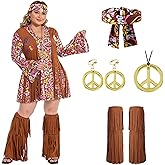 Fairycece Plus Size Hippie Costume Women 60s 70s Disco Outfits Halloween Party Dress Set