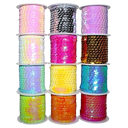 12 Tlg Glänzendes Paillettenband-4M Sortierte Farben Glitzer Pailletten Bänder Borten Rolle für DIY Basteln-Handwerk Paillett