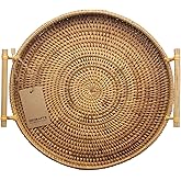 DECRAFTS Rattan Round Serving Tray Wicker Woven Bread Basket with Handles for Cracker Dinner Parties Coffee Table Breakfast (Natural 12.6 inches)