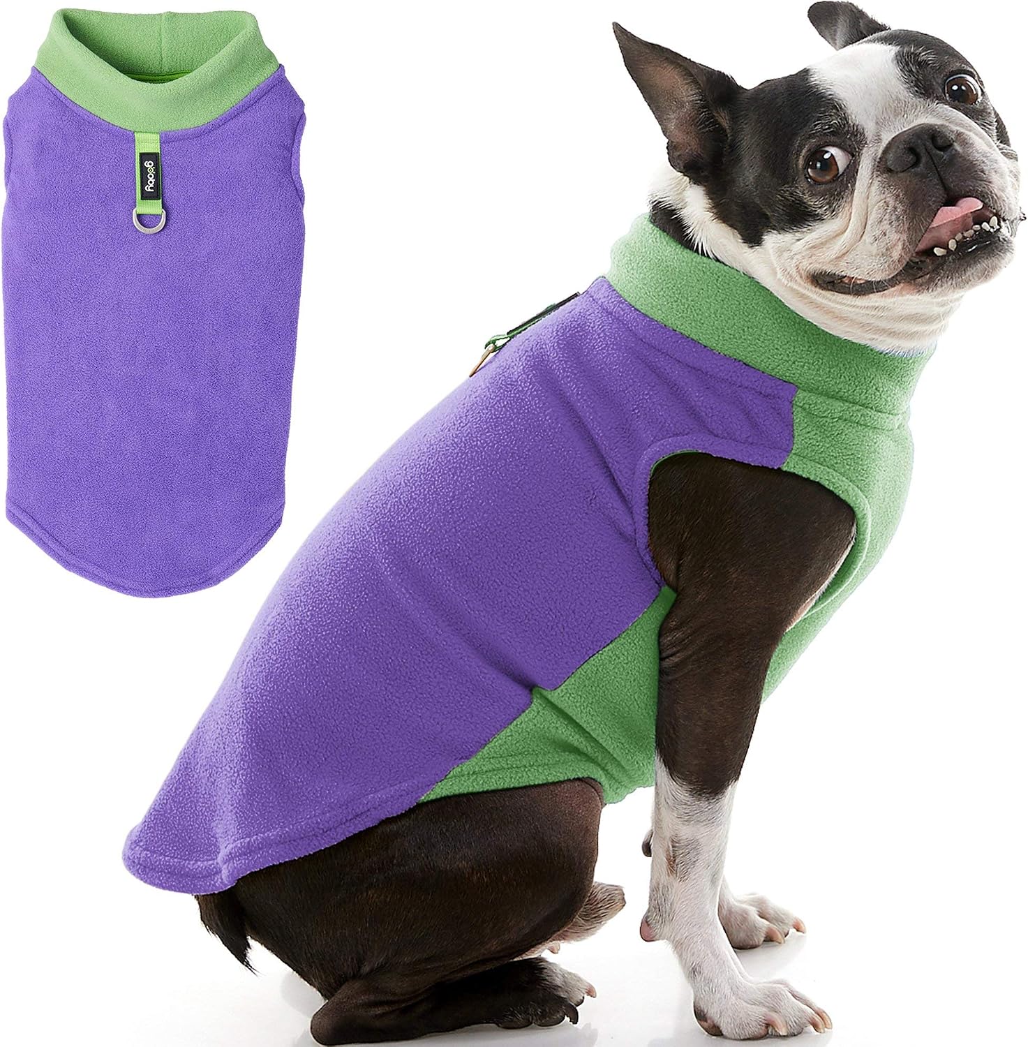 Gooby Half Stretch Fleece Vest Dog Sweater, Purple, Small, Warm Pullover Jacket With D-Ring Leash
