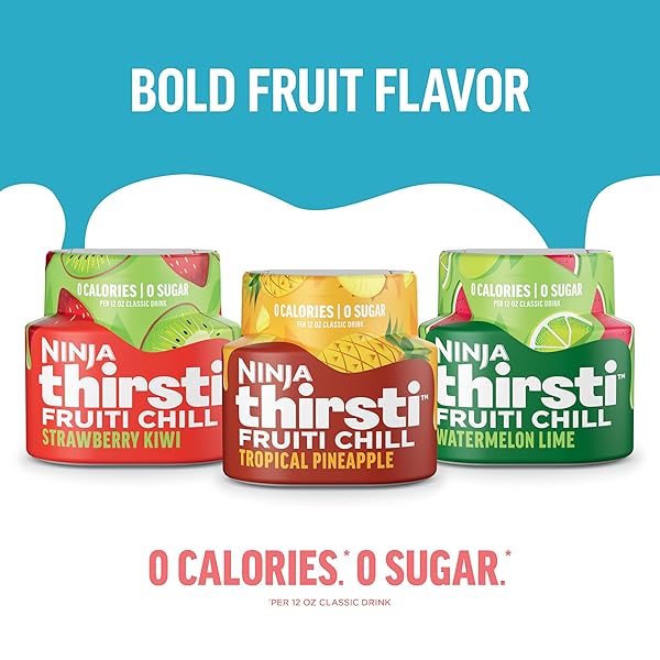 NINJA THIRSTI FLAVORED WATER DROPS, FRUITI CHILL VARIETY PACK, BOLD FRUIT FLAVOR, SPARKLING OR STILL CALORIES, ZERO SUGAR, MAKES 17, 12OZ DRINKS, 3 PACK, WCFV2