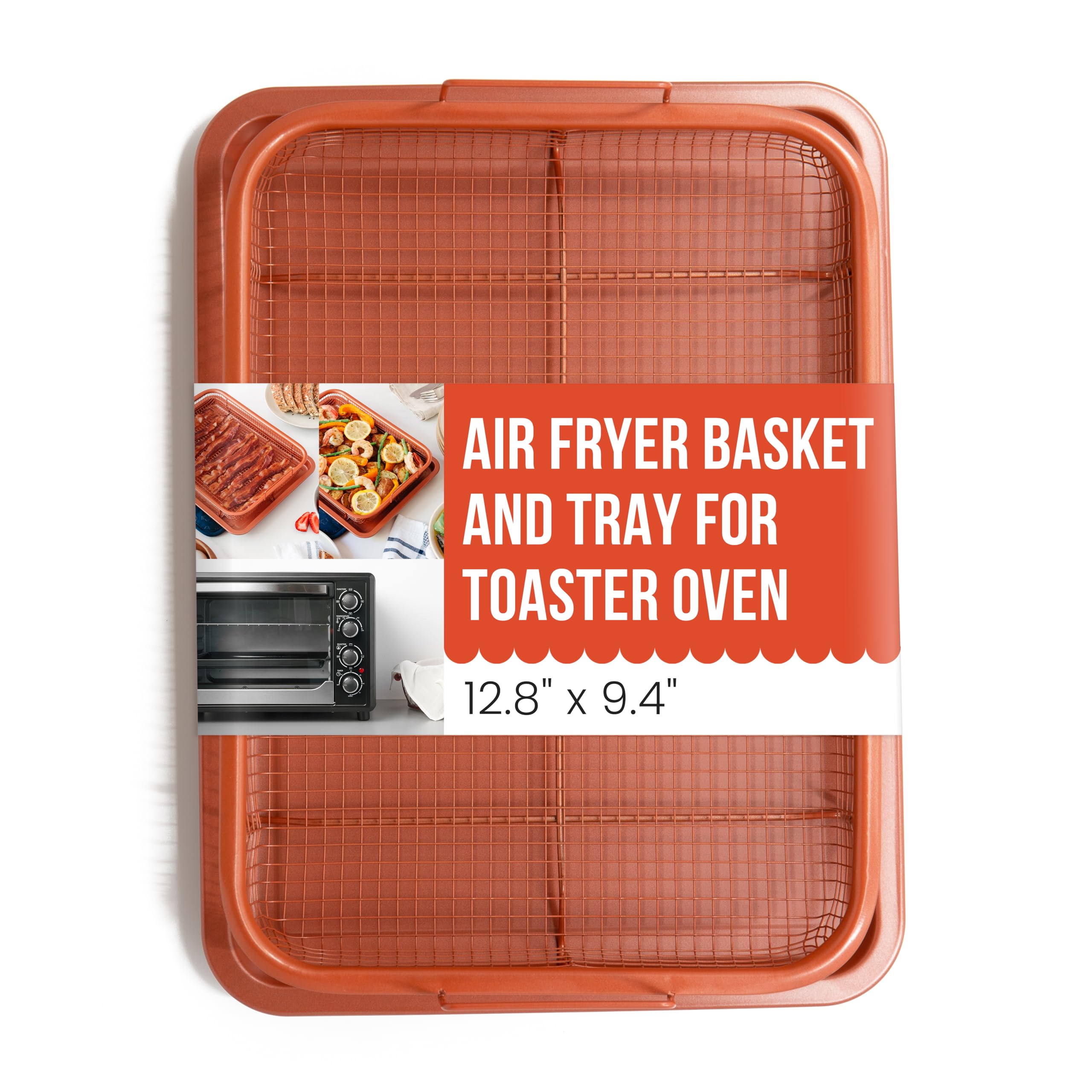 Chef Pomodoro Air Fryer Basket for Oven 12.8" x12.4", 2-Piece Set Air Fryer Pans for Toaster Oven with Air Fryer Option, Rectangle Oil-Free Crisper Tray for Oven, Dishwasher Safe
