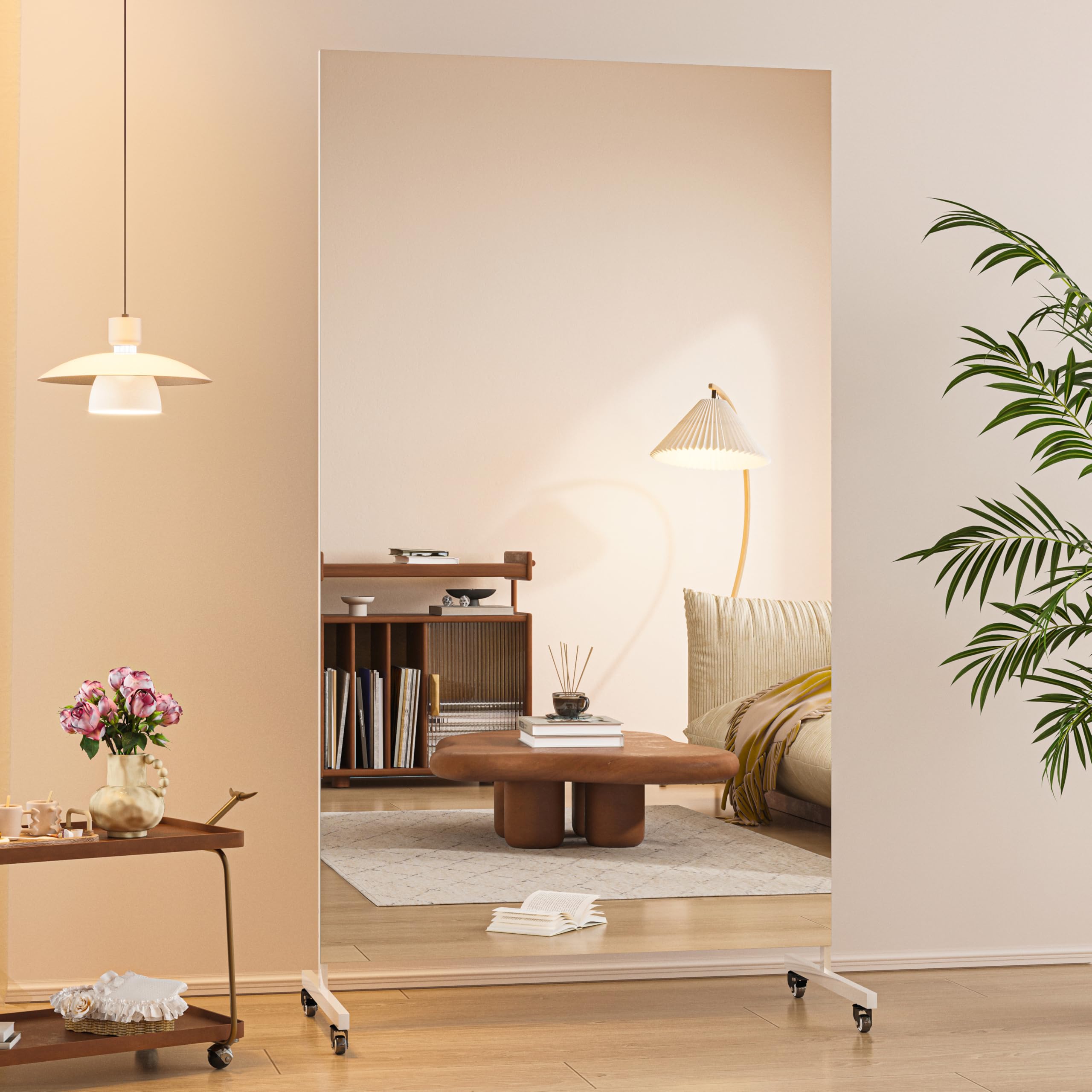 Photo 1 of Hasipu Home Gym Mirror 360° Swivel on Wheels, 67" x 40" Extra Large Full Body Rolling and Tempered Glass Easy to Move Full Length Mirror for Yoga Studio, Bedroom, Dancing Studio, White