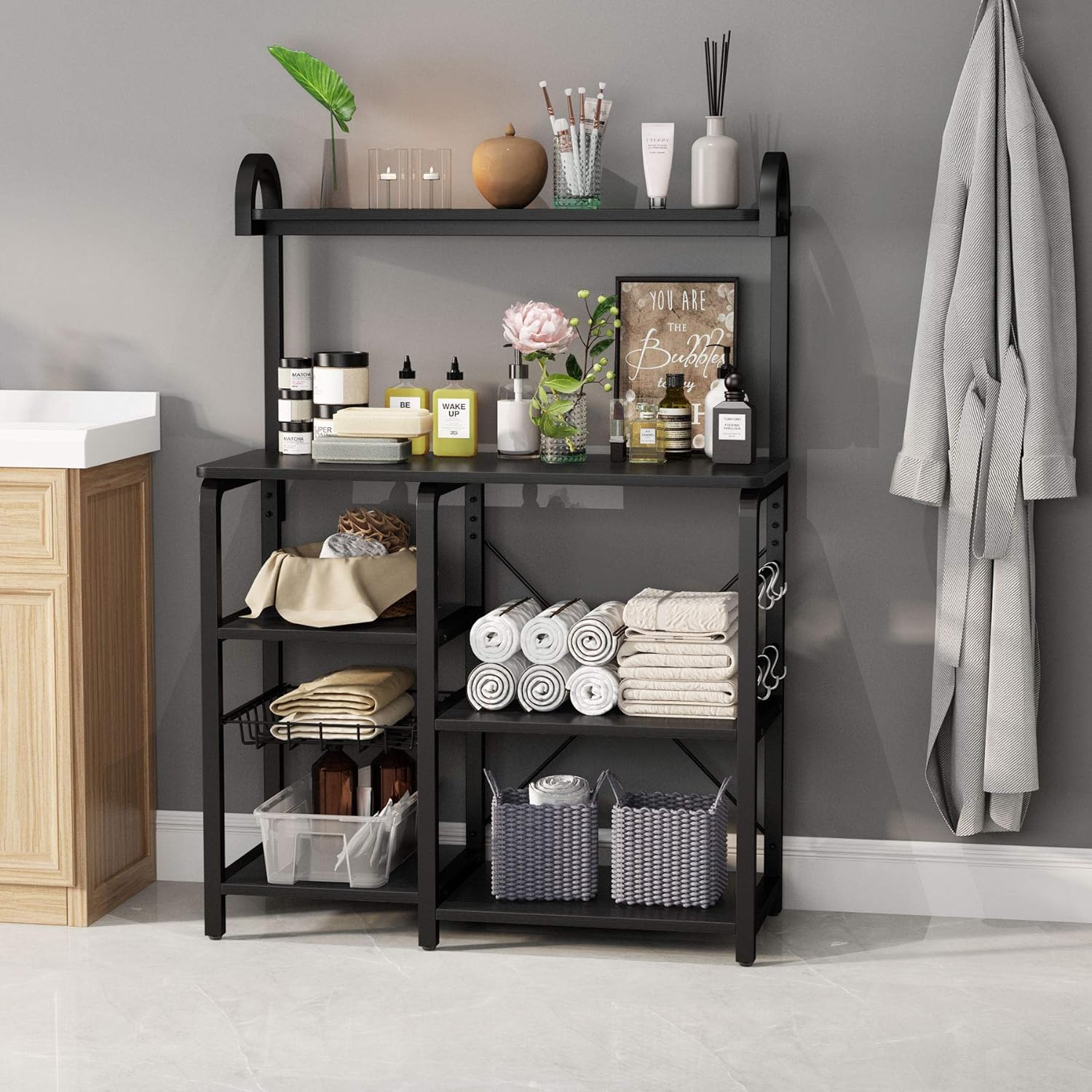 Tribesigns 35.5 inches Kitchen Baker’s Rack Microwave Oven Stand, Industrial Kitchen Cart Utility Storage Shelf Organizer Coffee Bar with Wire Basket and 6 Hooks (Black) - Standing Baker's Racks