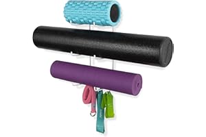 Wallniture Guru Wall Mount Yoga Mat Foam Roller and Towel Rack with 3 Hooks for Hanging Yoga Strap and Resistance Bands, 3-Sectional Metal