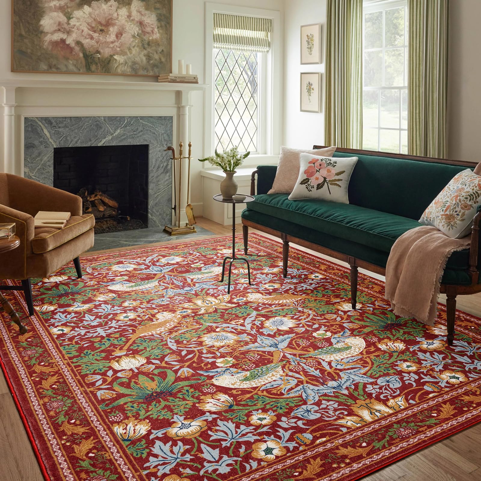 Photo 1 of RoomTalks Ultra Thin Country Rustic 3x5 Entryway Rug Entrance Non-Slip Washable Indoor Door Mat, Rusty Red Strawberry Thief Rug, Vintage Botanical Floral Forest Accent Throw Rugs for Bathroom Kitchen