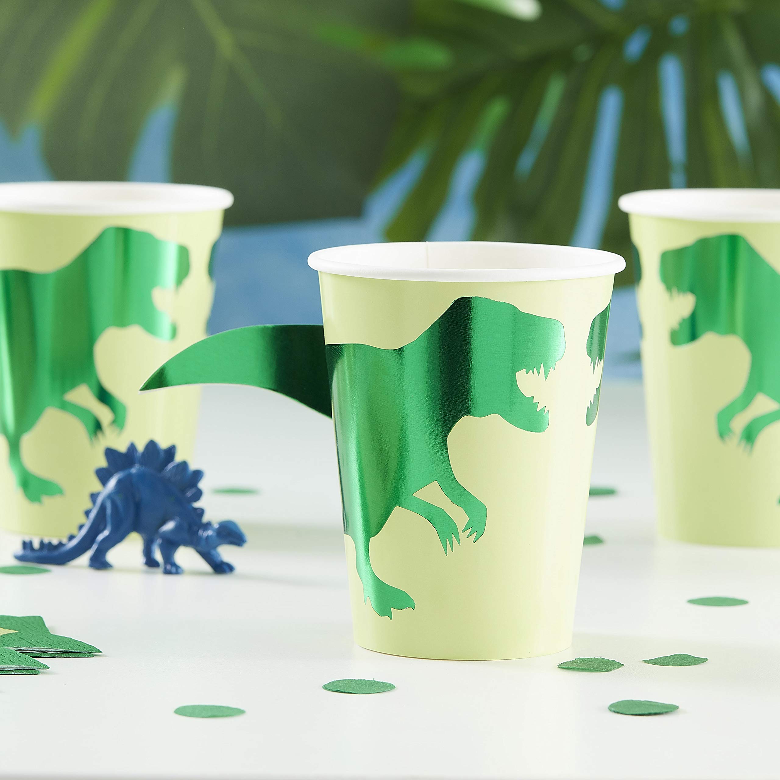 Ginger Ray Green Dinosaur Paper Party Cups with Tail - 8 Pack - Roarsome