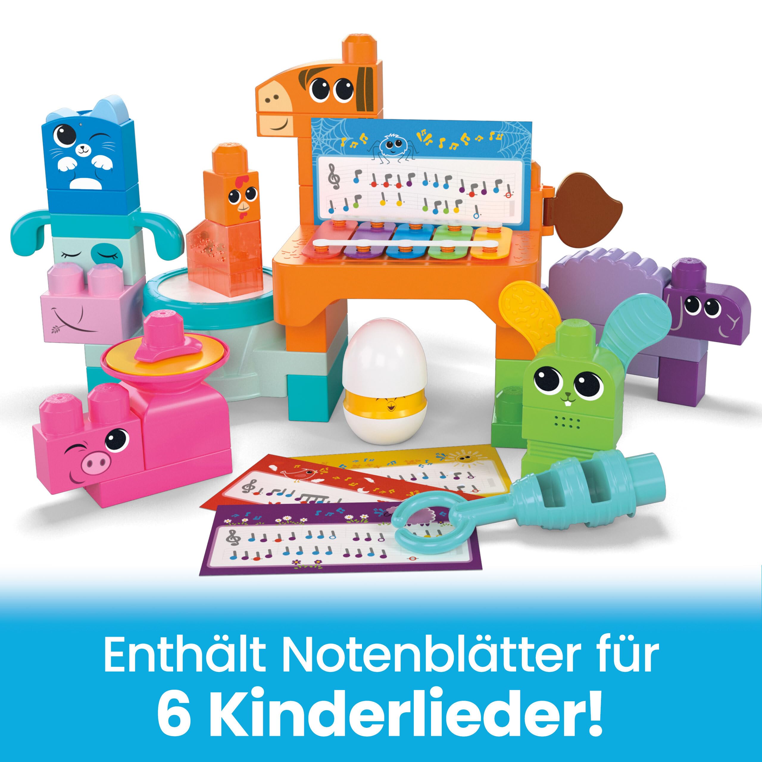 MEGA Blocks Fisher-Price sensorisches Bauspielzeugset, Musikspaß Bauernhoftiere mit 45 Bauklötzen für Kleinkinder und 6 Notenblättern, Geschenkideen für Kinder ab 1 Jahr, HPB46 4
